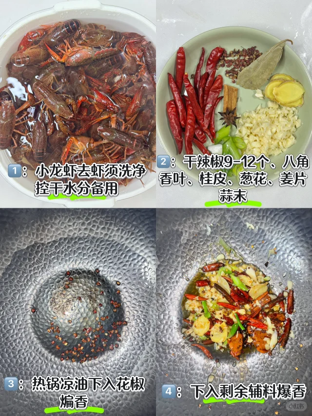 展示麻辣小龙虾炒制过程中翻炒、收汁、撒香菜等步骤 麻辣小龙虾炒制过程