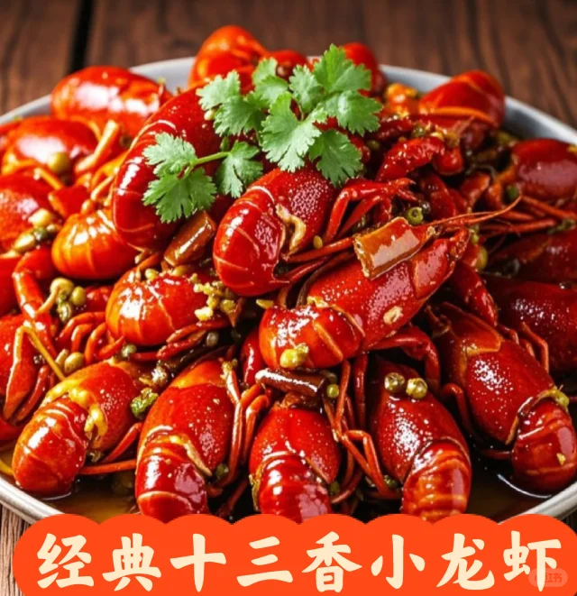 一盘刚出锅的定海风味十三香小龙虾,色泽红亮,表面裹满浓郁酱汁,撒有白芝麻和香菜末,背景虚化显示厨房灶台,蒸汽袅袅升起 成品定海风味小龙虾特写