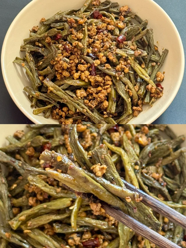 腌豆角炒肉末成品图