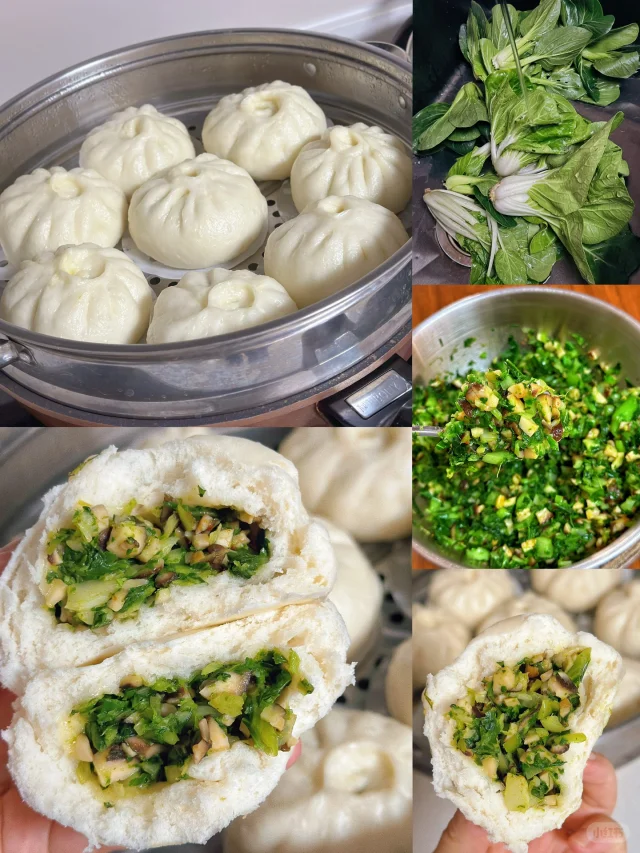 香菇油菜馅成品与多种吃法摆盘