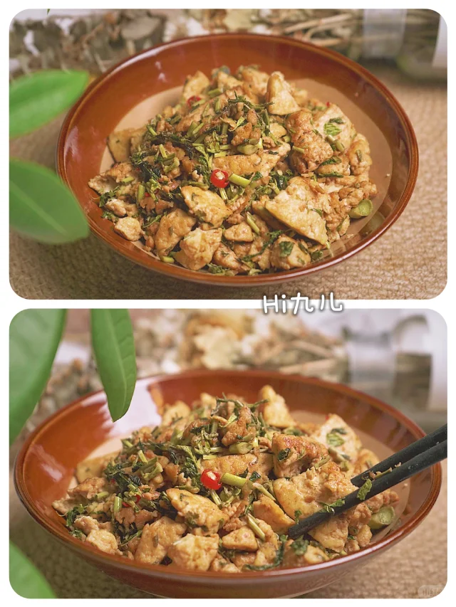 清炒蒿子杆配豆腐的家常菜摆盘图