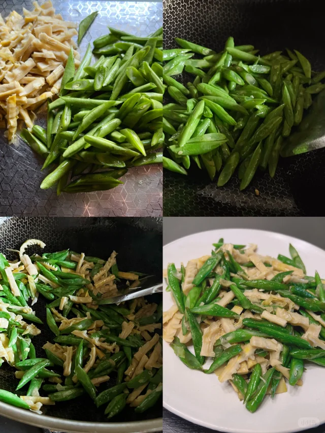 一位成年女性正在厨房中操作砧板切莴笋，旁边放置已焯水的四季豆，背景可见燃气灶与锅具，体现家庭烹饪场景