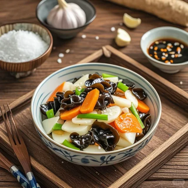 蘑菇木耳山药清炒成品摆盘图,突出食材本色与健康质感,符合现代营养餐视觉标准 成品菜盛于青釉瓷盘中:山药片呈半透明玉白色,木耳乌润卷曲,香菇褐中透金,酱汁均匀裹附,撒少量白芝麻点缀,背景为原木餐桌