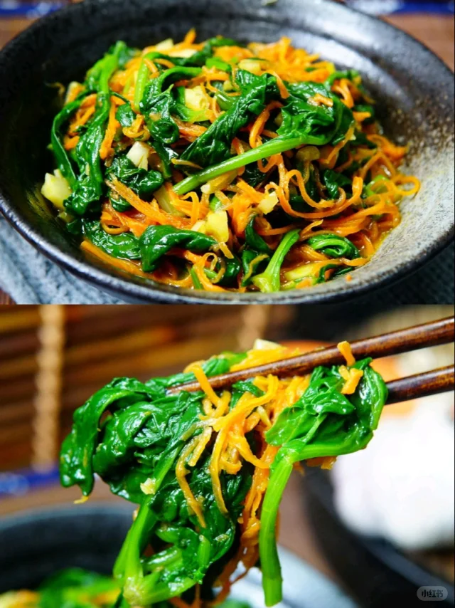 分步实拍:左上为菠菜沸水焯烫60秒(水中加少许盐与几滴食用油,保持翠绿色);右上为韭菜切段备用(保留1cm叶鞘增加甜度);下方为热锅冷油爆香蒜末后,先下韭菜快炒30秒,再倒入焯水菠菜翻炒45秒,全程控温≤180℃,避免高温破坏维生素C与硫化物 菠菜韭菜焯水炒制过程图